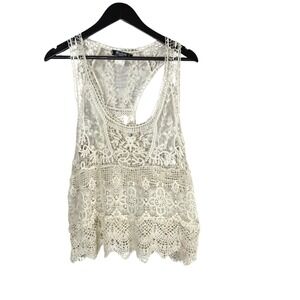 Vintage Miss Kelly 1999 White Crochet‎ Lace Tank Top Boho Festival Sheer Women L
